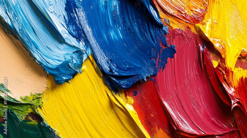 Poster a palette of paint strokes in diverse colors blending into a harmonious composition, illustrating th