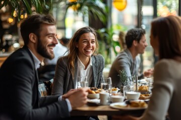 Business lunch in a cafe: Happy colleagues meeting in a coffee shop, Generative AI