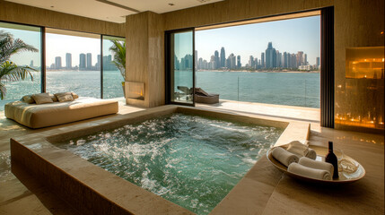 Fototapeta premium Executive suit of an expensive hotel with swimming pool and panoramic view