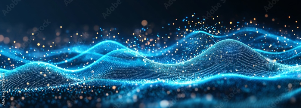 Poster blue abstract background with falling cyber particles. big data stream rendered in 3d
