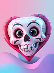 A smiling skull in the shape of a heart, with large expressive eyes and a wide, friendly grin. The skull features bright colors like red and pink, with details accentuating its shape. The background i