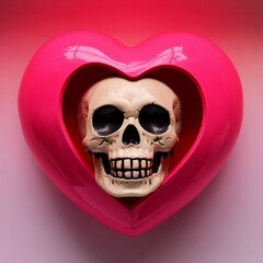 A smiling skull in the shape of a heart, with large expressive eyes and a wide, friendly grin. The skull features bright colors like red and pink, with details accentuating its shape. The background i