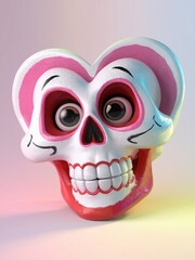 A smiling skull in the shape of a heart, with large expressive eyes and a wide, friendly grin. The skull features bright colors like red and pink, with details accentuating its shape. The background i