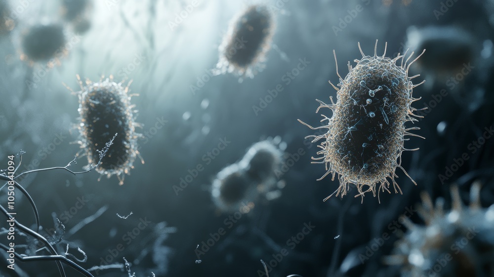 Poster bacteria with appendages depicted in a cool-toned world, highlighting the unique structures and myst