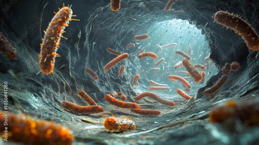 Poster a dynamic scene showing swirling bacteria within a tunnel of flowing energy and light, emphasizing t