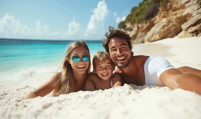 Fototapeta premium Happy family enjoying a beach vacation with laughter and joy, Generative AI