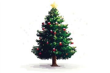 Pixelated Christmas tree with festive decorations and star