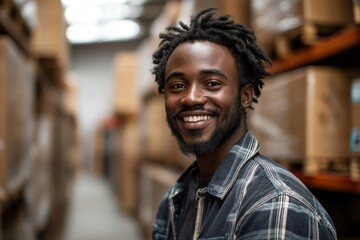 Fototapeta premium Ethnic entrepreneur smiling at the camera in a warehouse, Generative AI