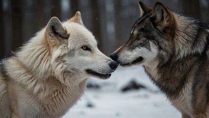 Obraz premium Black and white wolves facing each other in the forest