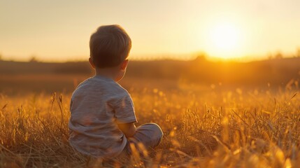 Fototapeta premium Child Watching Sunset in Golden Field
