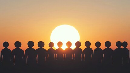 A poignant depiction of a diverse group of abstract silhouettes standing together in front of a sunrise, Symbolizing hope, unity