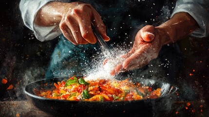 Hands Preparing Delicious Food with Spices and Herbs