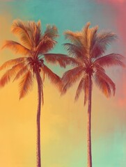 Two palm trees that are standing next to each other