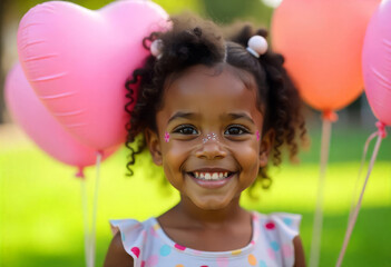 Portrait of a happy girl 10-12 years old with heart-shaped balloons