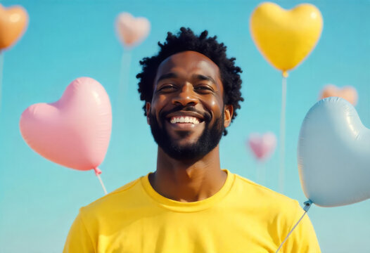 Portrait of happy man with heart shaped balloons. Valentine's day concept