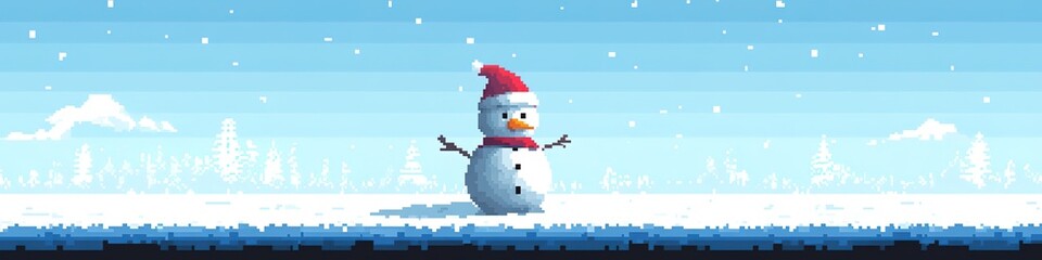Cheerful snowman in winter landscape with falling snowflakes.