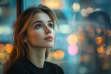 Obraz premium Thoughtful young businesswoman standing next to a glass wall, Generative AI