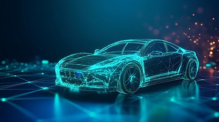 Autonomous electric car cruising through glowing blue holographic tunnel picture