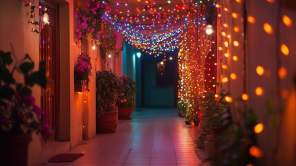 Festive Diwali Home Entrance Decorated with Lights and Flowers.