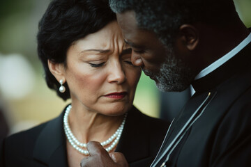 Portrait of sorrowful senior woman grieving over loss of loved one leaning on comforting man during memorial ceremony at gravesite, copy space