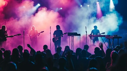 A band plays to a large crowd during a concert