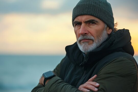 Mature man exercising by the seaside with fitness watch - focus on longevity, Generative AI