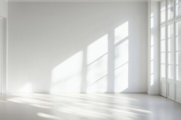 Fototapeta premium Sunlight streaming through large windows into an empty, minimalist room with white walls and a light floor during midday
