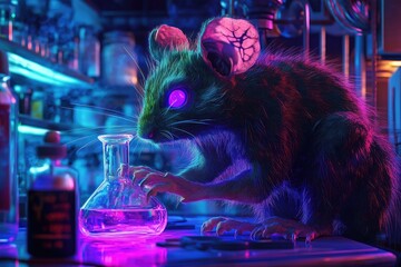 A brightly colored lab rat with glowing eyes conducts an experiment inside a futuristic lab during nighttime hours
