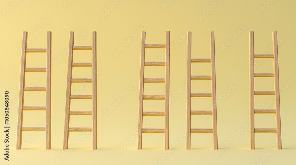 Poster a poignant visual of equal opportunity, featuring a series of ladders of different heights leading t