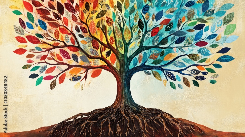 Poster A poignant visual of generational inclusion, showing a tree with roots and branches of different colors and patterns, Representing the interconnectedness of different age groups