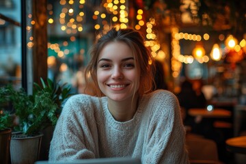Obraz premium Happy young woman working in a cozy cafe with laptop, Generative AI