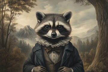 Naklejka premium A raccoon in formal attire stands elegantly against a majestic forest backdrop at twilight