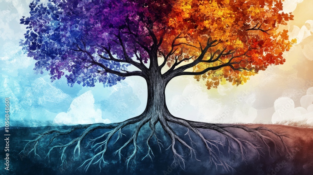 Aufkleber A poignant visual of generational inclusion, showing a tree with roots and branches of different colors and patterns, Representing the interconnectedness of different age groups