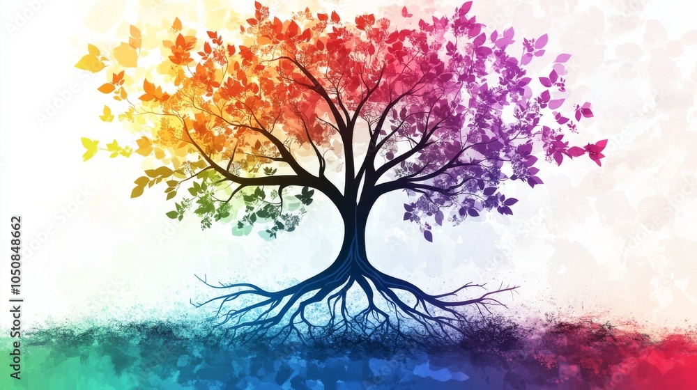Poster A poignant visual of generational inclusion, showing a tree with roots and branches of different colors and patterns, Representing the interconnectedness of different age groups