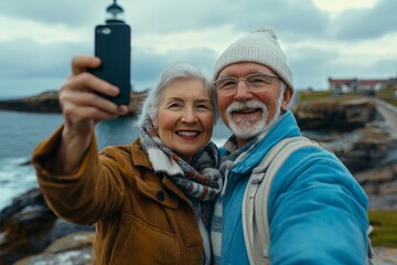 Morden Retirement: Elderly couple taking a selfie at the seaside with a lighthouse in the background, Generative AI
