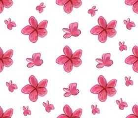 Seamless pattern featuring frangipani flowers. pink plumeria flower seamless pattern. pink plumeria seamless pattern watercolor.