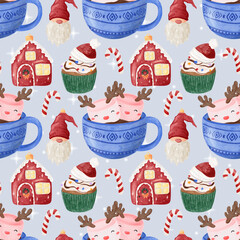 Christmas tree toys and stars Watercolor hand drawn seamless pattern. New year and Christmas