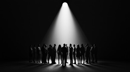 A powerful depiction of a single spotlight illuminating a group of people with different backgrounds standing in the shadows, Symbolizing the importance of visibility and recognition in DEI efforts