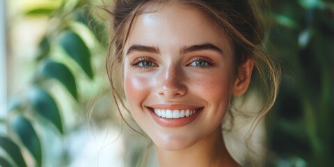 Healthy woman smiling after skin care at home, Generative AI