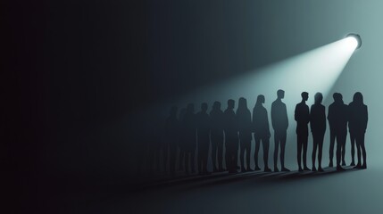 A powerful depiction of a single spotlight illuminating a group of people with different backgrounds standing in the shadows, Symbolizing the importance of visibility and recognition in DEI efforts