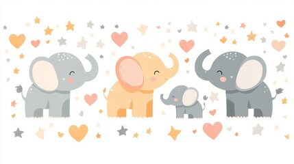 Baby elephant with hearts and stars, whimsical vector illustration, perfect for nursery decor and wrapping paper
