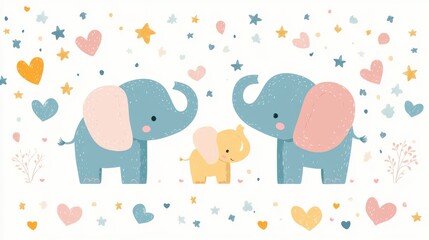 Fototapeta premium Baby elephant with hearts and stars, whimsical vector illustration, perfect for nursery decor and wrapping paper