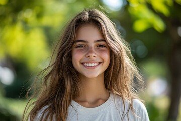 Fototapeta premium Cheerful teenage girl smiling at the camera in an urban park, Generative AI