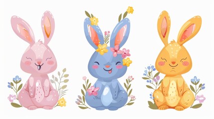 Obraz premium Easter bunnies with floral wreaths and painted eggs, vector on a white background