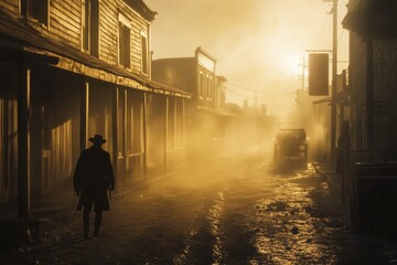 A lone figure walks through a dusty street at sunset in an old West town with vintage buildings and a classic vehicle nearby