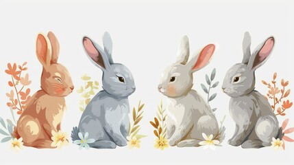 Obraz premium Easter bunnies with floral wreaths and painted eggs, vector on a white background