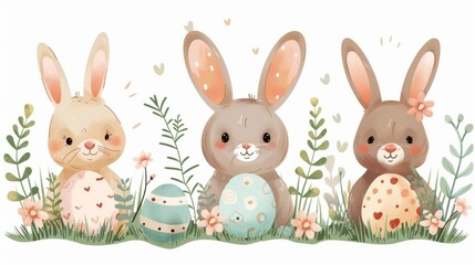 Fototapeta premium Easter bunnies with floral wreaths and painted eggs, vector on a white background