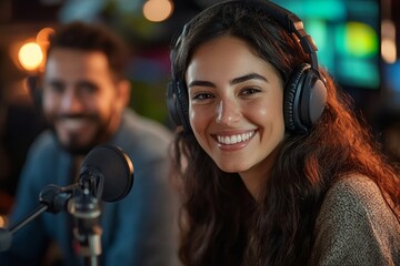 Happy young woman recording podcast with co-host in modern studio, Generative AI