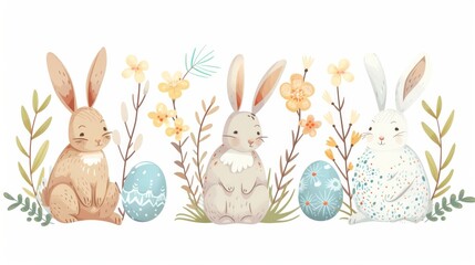 Obraz premium Easter bunnies with floral wreaths and painted eggs, vector on a white background
