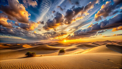 Desert landscape at sunset with sand dunes and dramatic sky. Nature tranquility and serene beauty concept